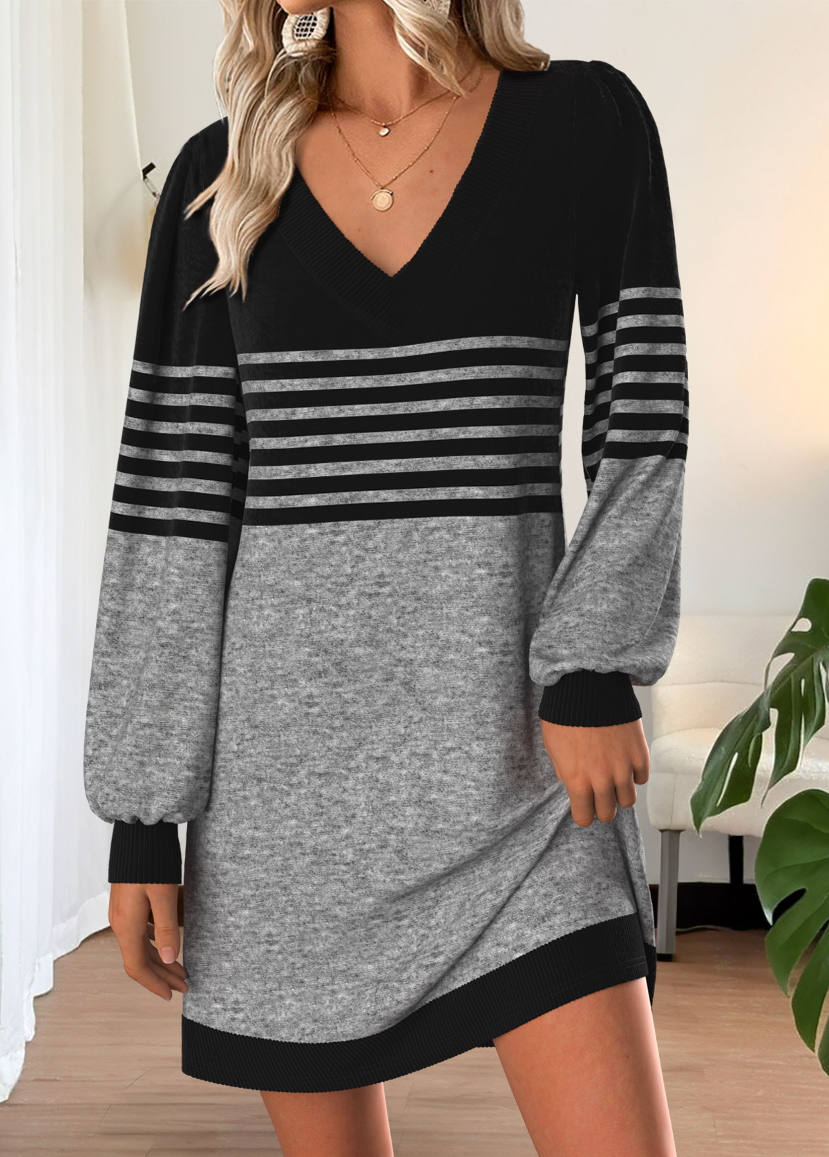 Grey dresses,Striped dresses,Geometric dresses,Everyday dresses,Casual dresses,ROTITA Tummy Coverage Striped Grey Short V Neck Dress