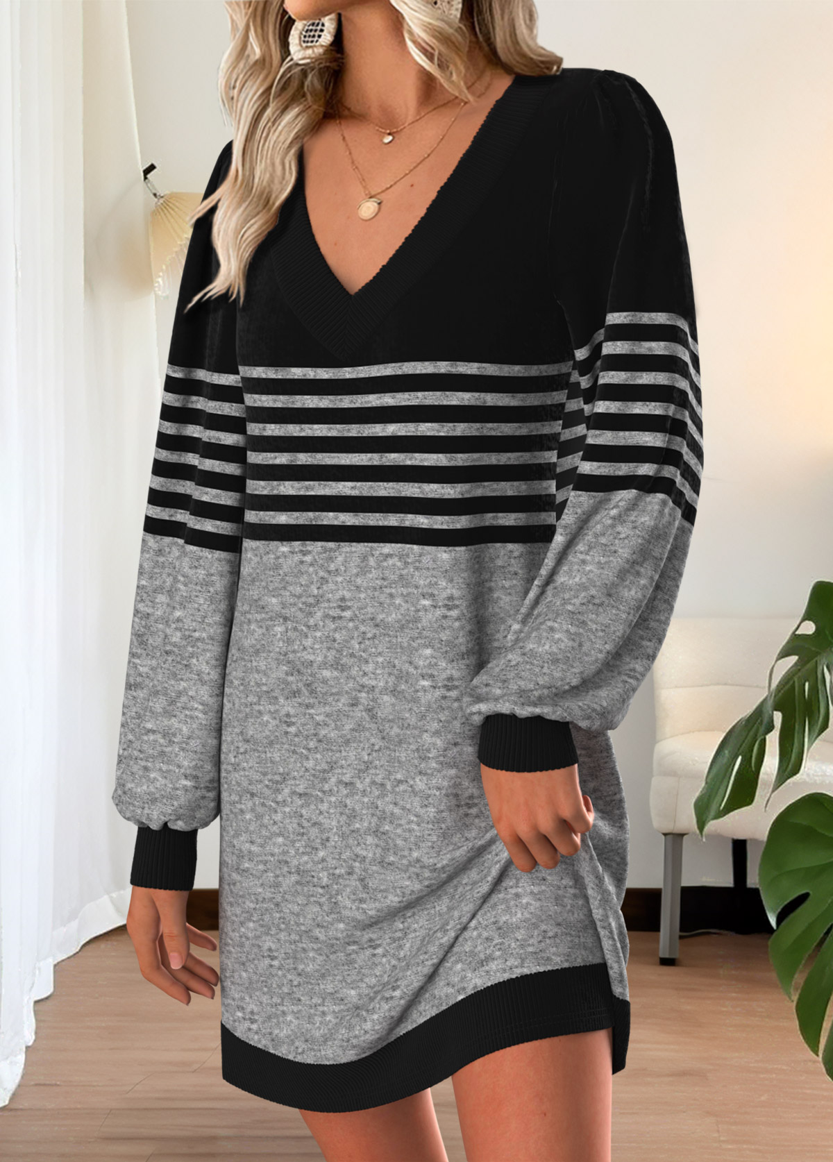 Grey dresses,Striped dresses,Geometric dresses,Everyday dresses,Casual dresses,ROTITA Tummy Coverage Striped Grey Short V Neck Dress