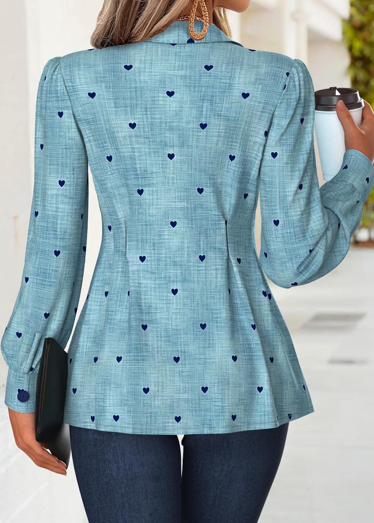 Denim Blue tops,Denim-Effect Print tops,ROTITA Peplum Denim-effect Print Denim Blue Turn Down Collar Shirt