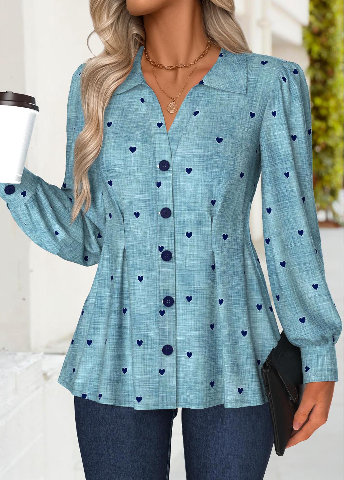 Denim Blue tops,Denim-Effect Print tops,ROTITA Peplum Denim-effect Print Denim Blue Turn Down Collar Shirt