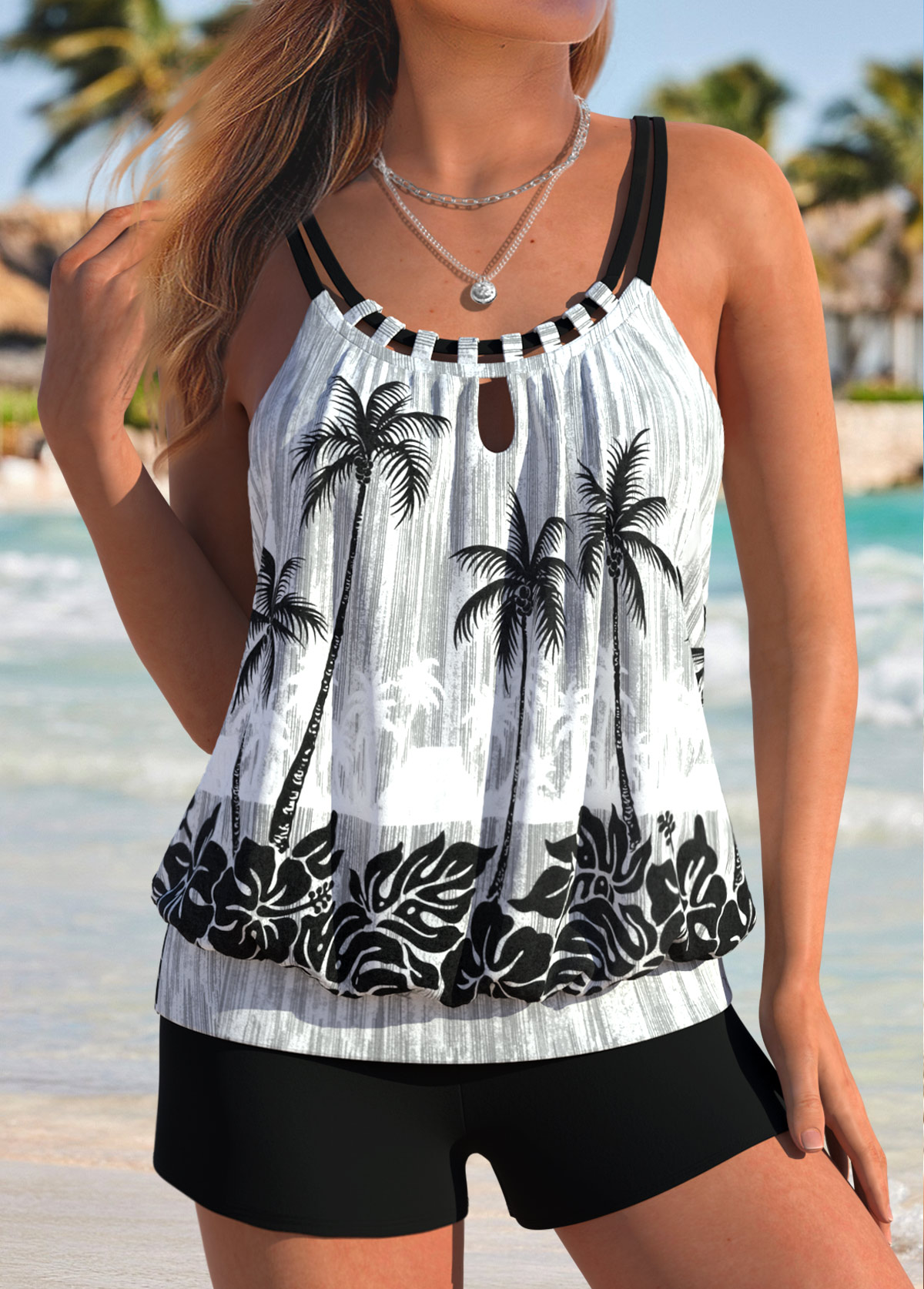 Black swimwear,Plants swimwear,ROTITA Black Tropical Plants Print Tankini Top