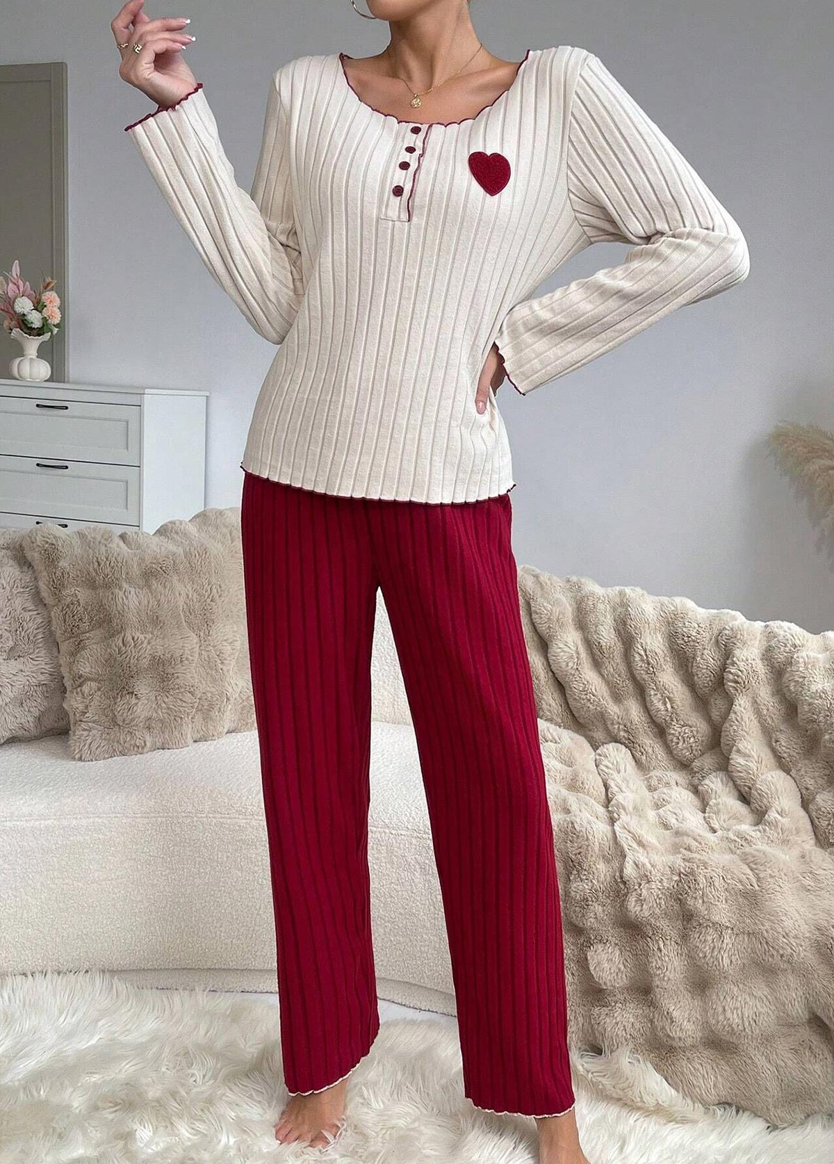 Wine Red loungewear,Heart loungewear,Heart Print Wine Red Lounge Top and Pants