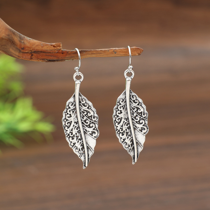 Silver jewelry,Silver Color Leaf Alloy Detail Earrings
