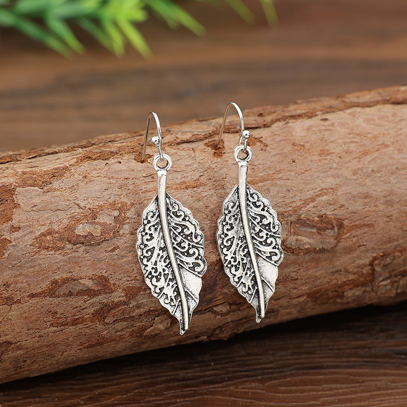 Silver jewelry,Silver Color Leaf Alloy Detail Earrings