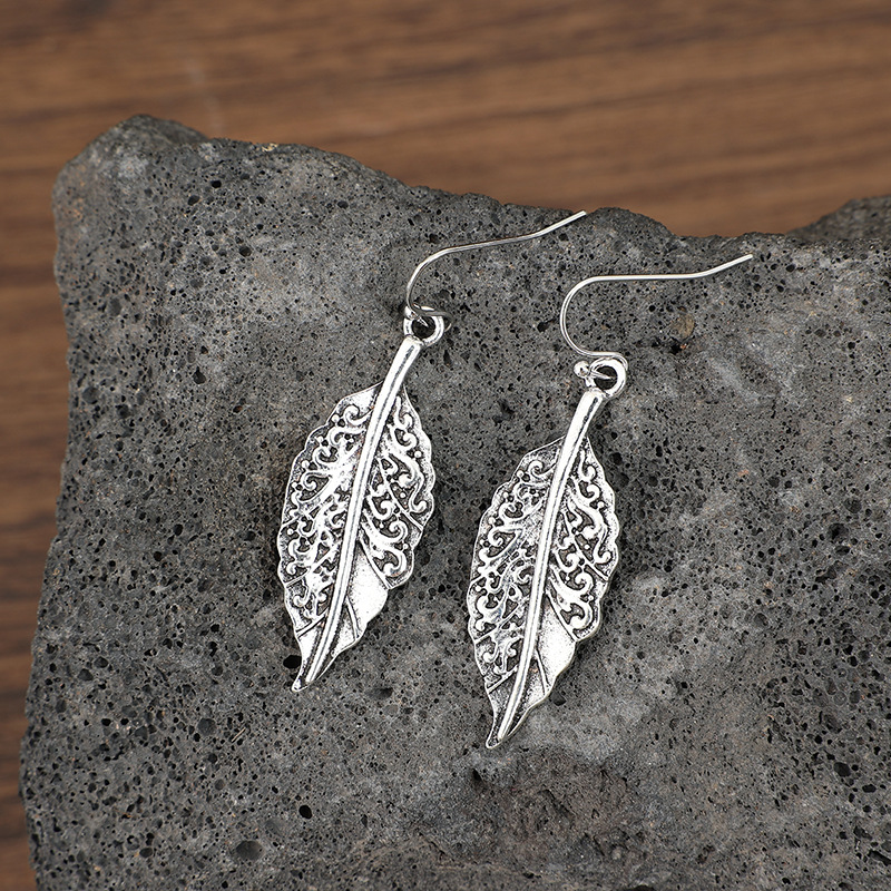 Silver jewelry,Silver Color Leaf Alloy Detail Earrings