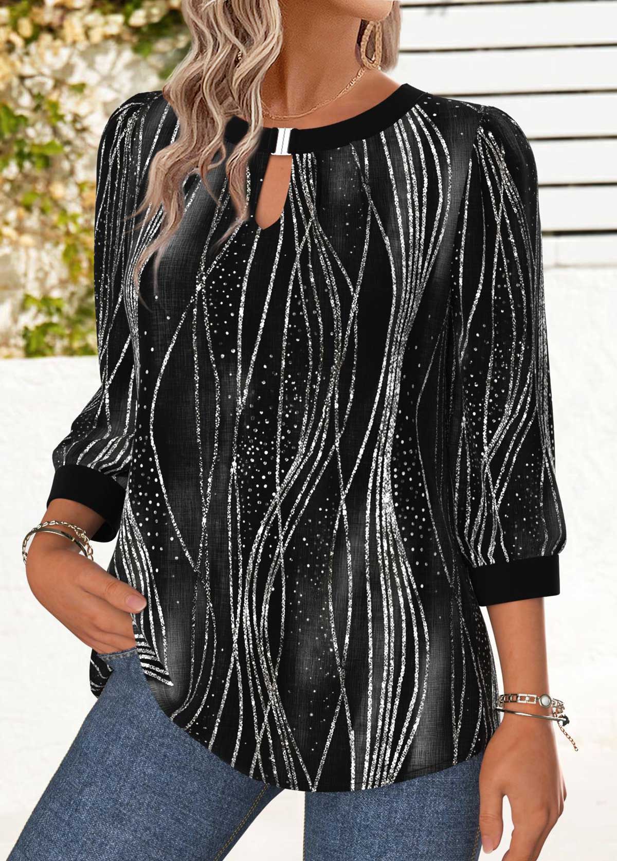 Black tops,Ombre tops,ROTITA Tummy Coverage Ombre Black Round Neck 3/4 Sleeve Blouse