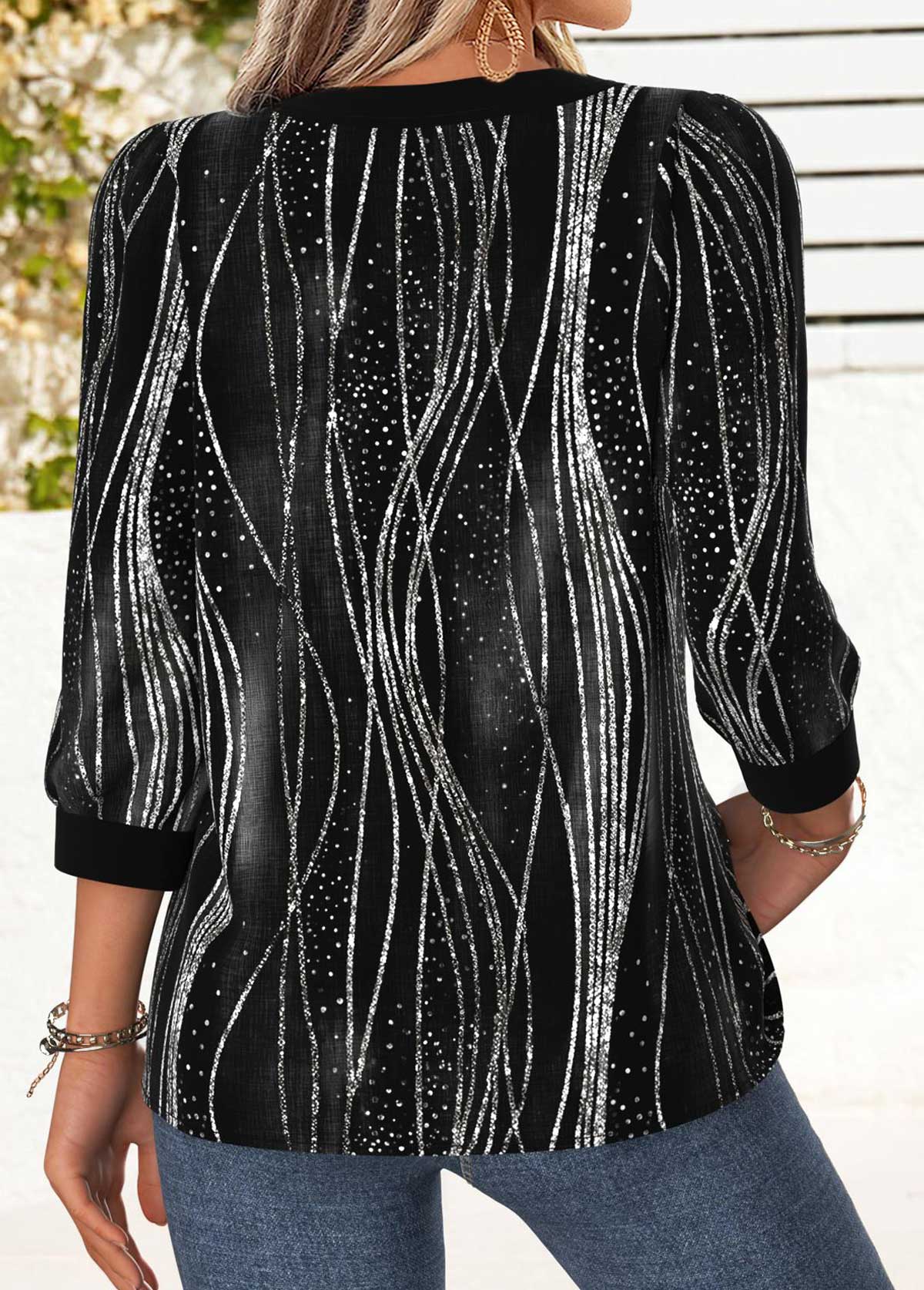 Black tops,Ombre tops,ROTITA Tummy Coverage Ombre Black Round Neck 3/4 Sleeve Blouse