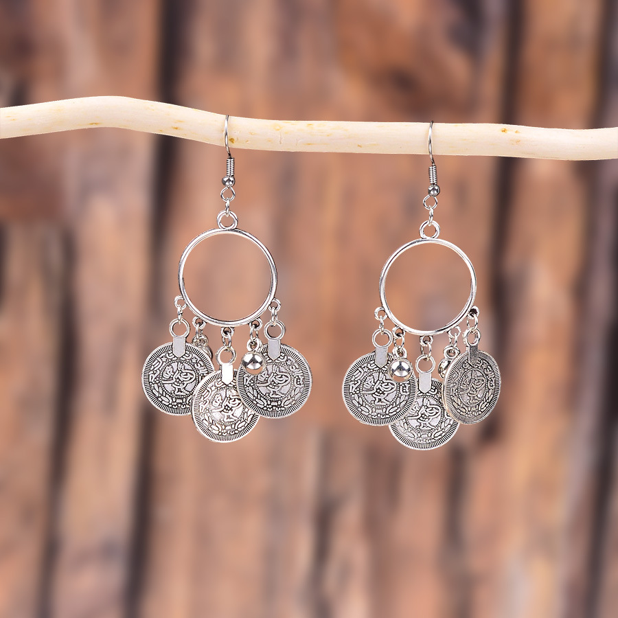 Silver jewelry,Tribal jewelry,Silver Alloy Coin Tassel Round Earrings