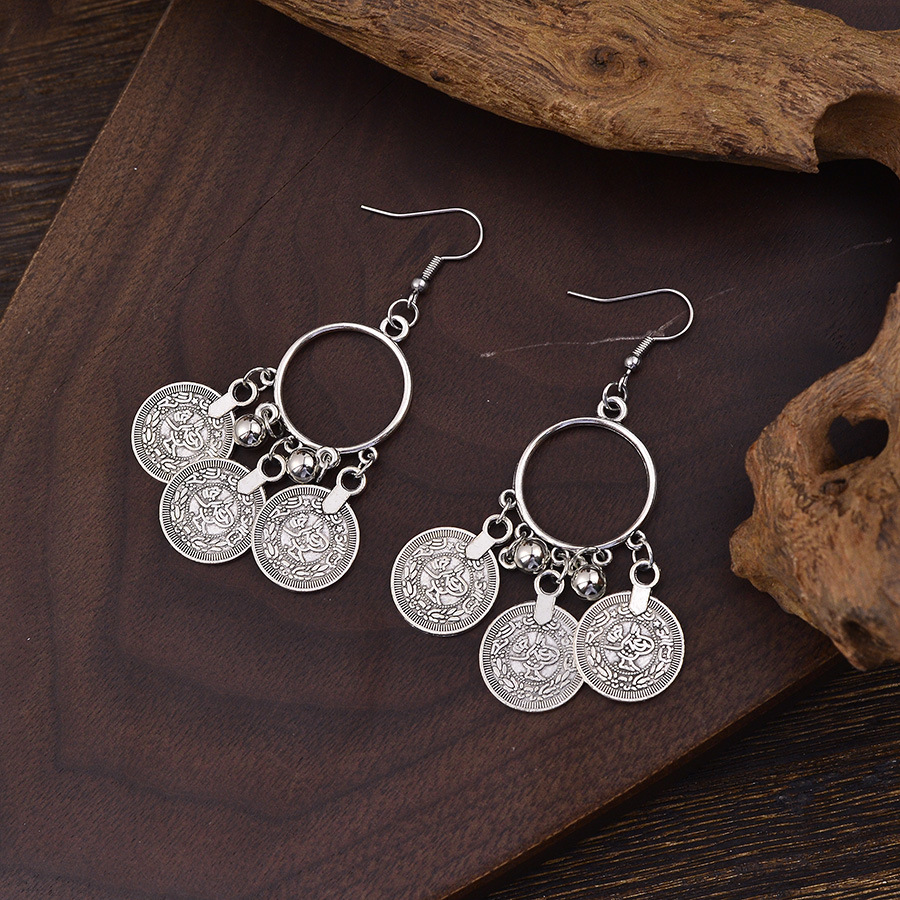 Silver jewelry,Tribal jewelry,Silver Alloy Coin Tassel Round Earrings