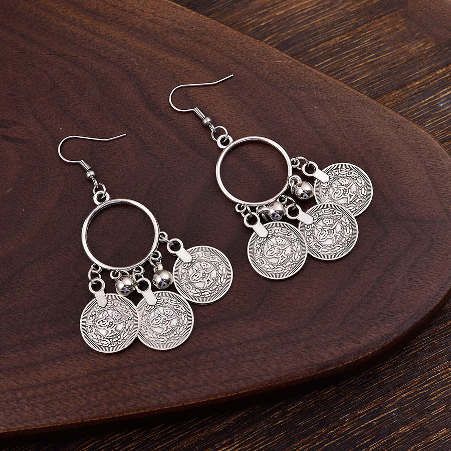 Silver jewelry,Tribal jewelry,Silver Alloy Coin Tassel Round Earrings