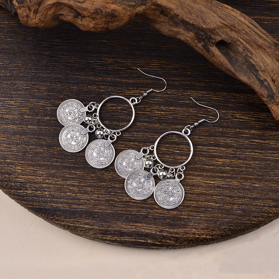 Silver jewelry,Tribal jewelry,Silver Alloy Coin Tassel Round Earrings