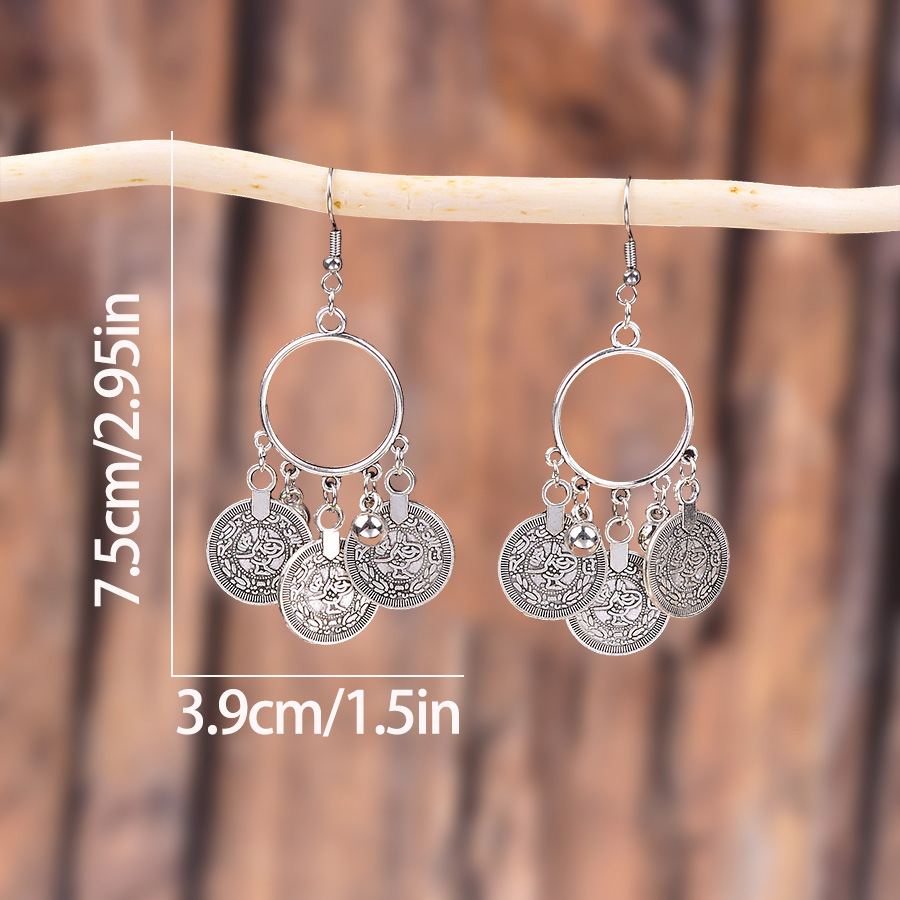 Silver jewelry,Tribal jewelry,Silver Alloy Coin Tassel Round Earrings
