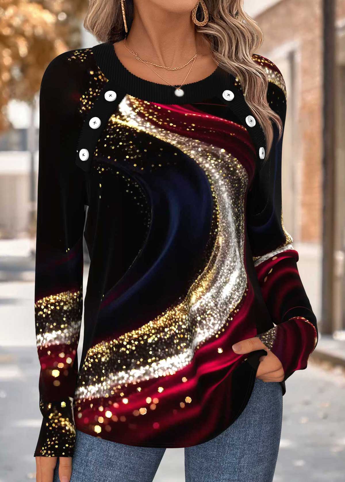Multi Color tops,Ombre tops,ROTITA Tummy Coverage Ombre Multi Color Round Neck T Shirt