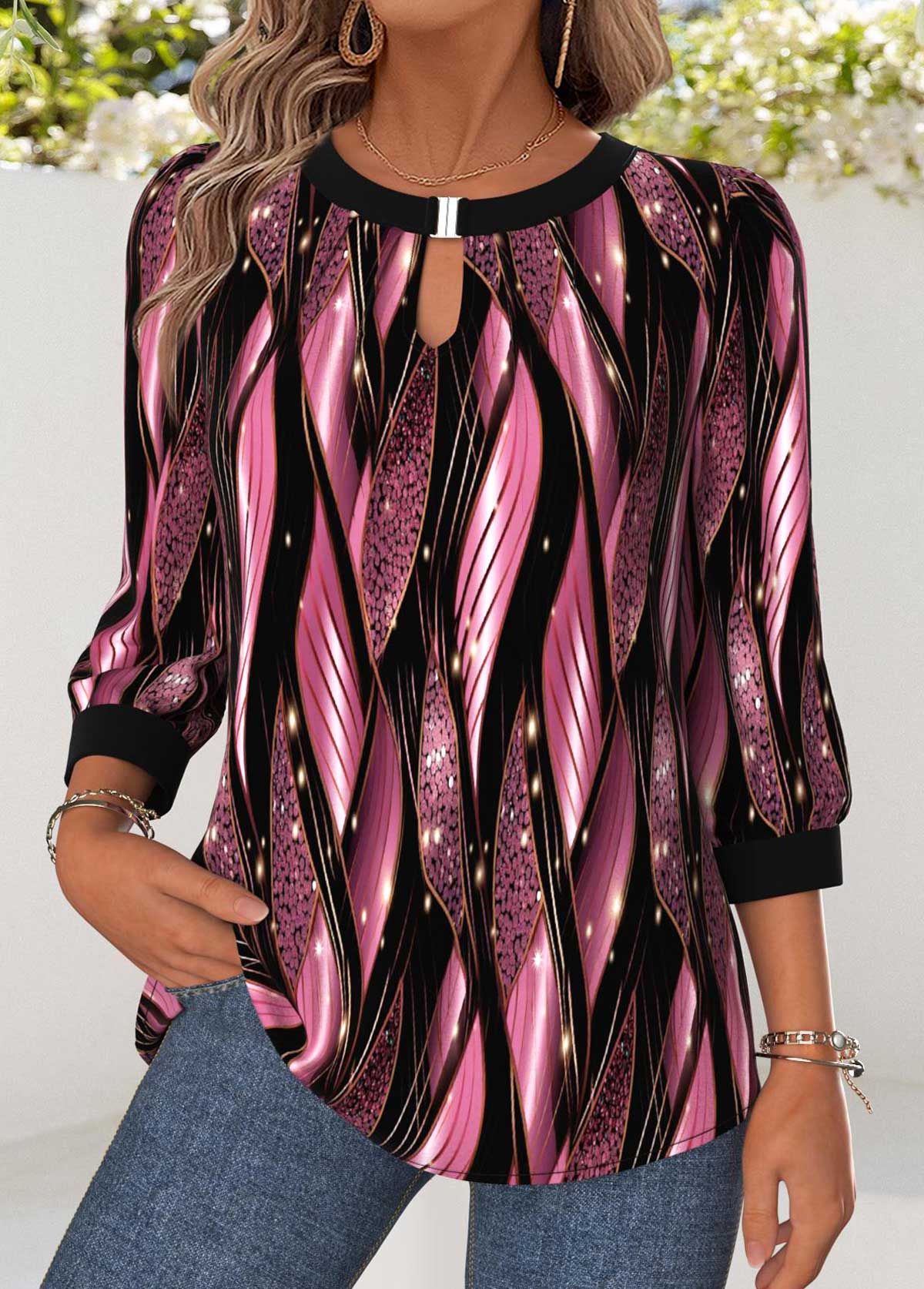 Pink tops,Geometric tops,ROTITA Tummy Coverage Geometric Print Pink Round Neck Blouse