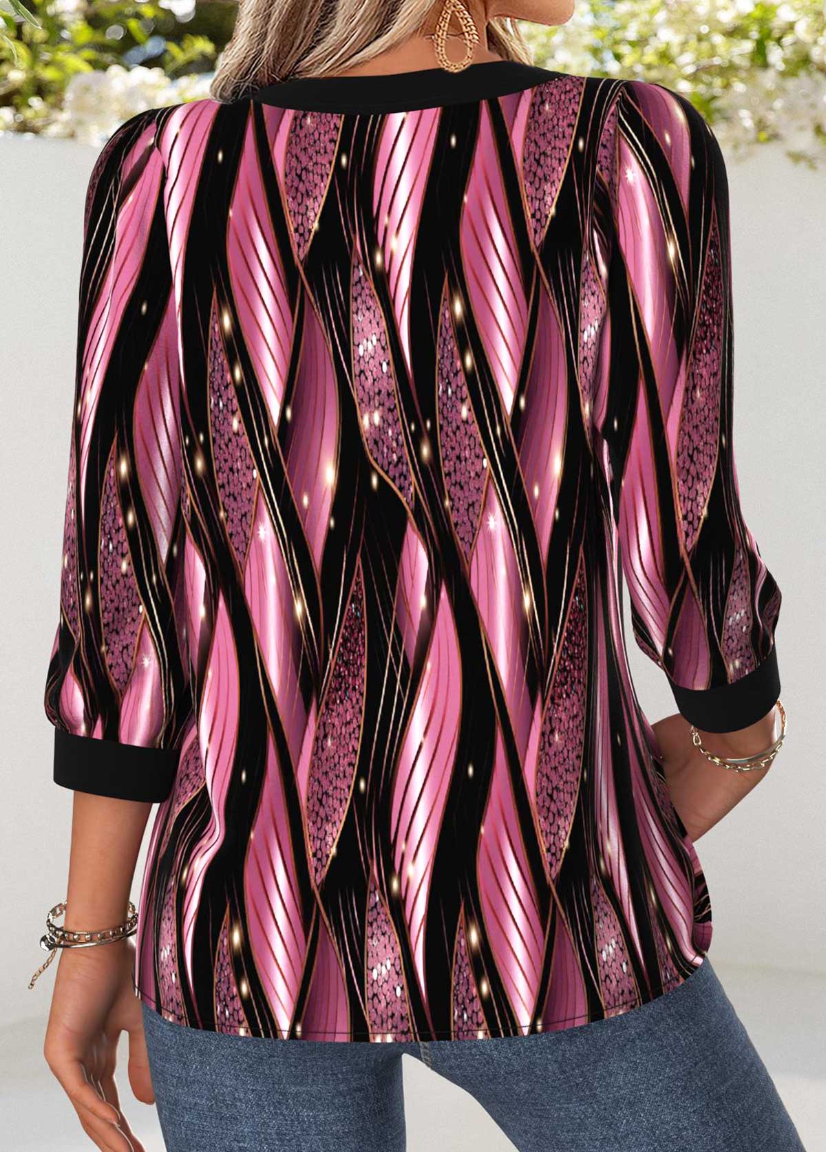 Pink tops,Geometric tops,ROTITA Tummy Coverage Geometric Print Pink Round Neck Blouse