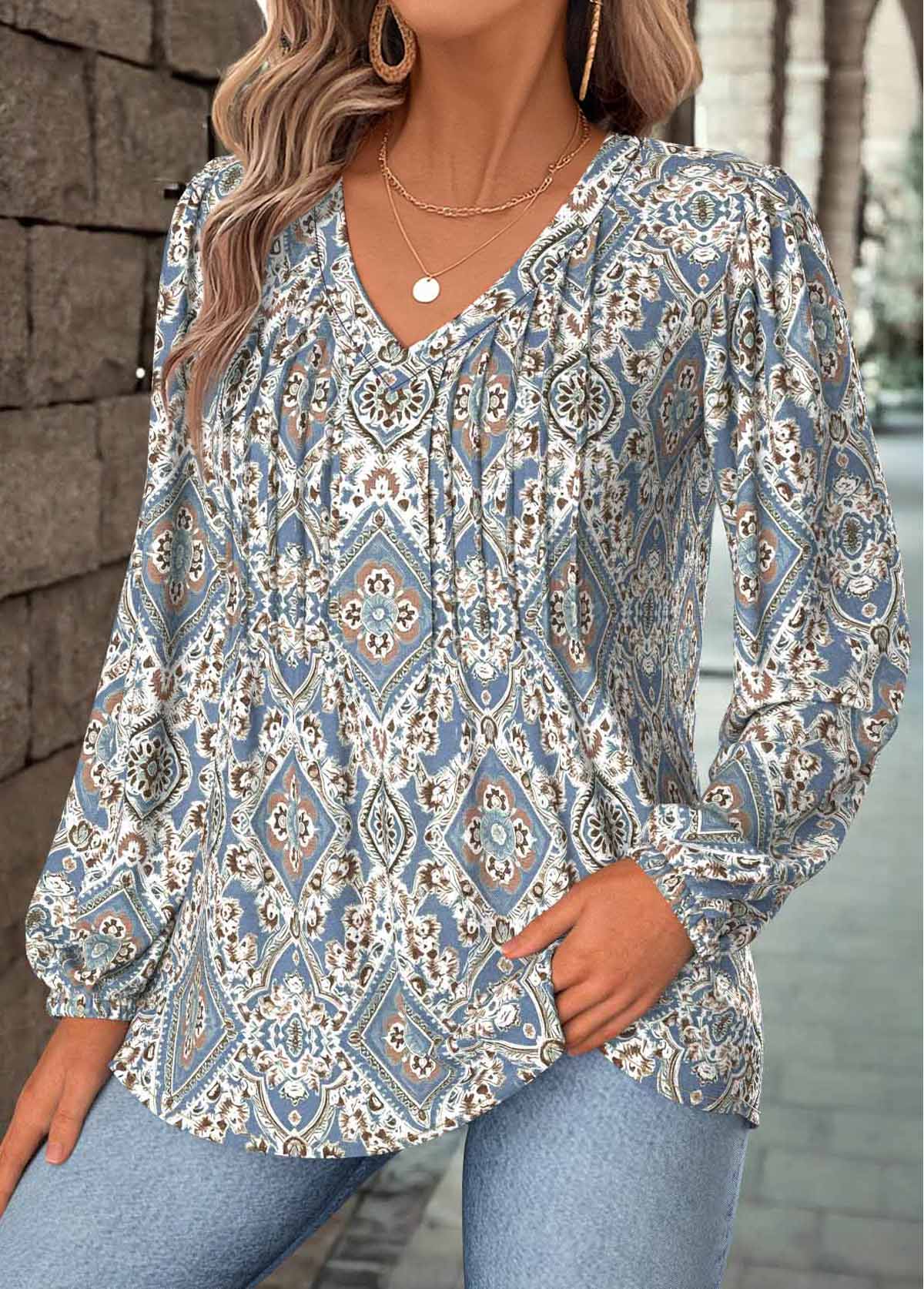 Dusty Blue tops,Tribal tops,ROTITA Tummy Coverage Tribal Print Dusty Blue V Neck Blouse