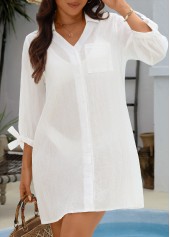 Beige swimwear,Plain Color swimwear,Tie Beige Button Turn Down Collar Cover Up