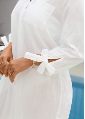 Beige swimwear,Plain Color swimwear,Tie Beige Button Turn Down Collar Cover Up