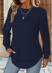 Navy tops,Plain Color tops,ROTITA Navy Round Neck Long Sleeve Sweatshirt