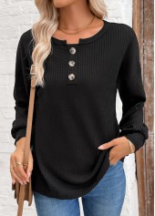 Black tops,Plain Color tops,ROTITA Tummy Coverage Black Round Neck Long Sleeve Sweatshirt
