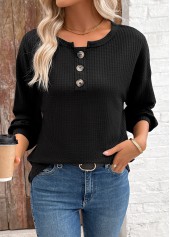Black tops,Plain Color tops,ROTITA Tummy Coverage Black Round Neck Long Sleeve Sweatshirt