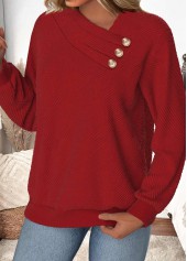 Wine Red tops,Plain Color tops,ROTITA Button Wine Red Asymmetrical Neck Long Sleeve Sweatshirt