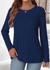 Navy tops,Plain Color tops,ROTITA Navy Round Neck Long Sleeve T Shirt