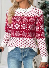 Wine Red tops,Christmas tops,Christmas Tummy Coverage Snowflake Print Wine Red Sweater