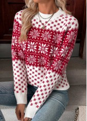 Wine Red tops,Christmas tops,Christmas Tummy Coverage Snowflake Print Wine Red Sweater