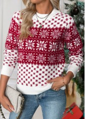 Wine Red tops,Christmas tops,Christmas Tummy Coverage Snowflake Print Wine Red Sweater