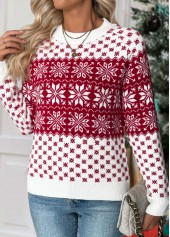 Wine Red tops,Christmas tops,Christmas Tummy Coverage Snowflake Print Wine Red Sweater