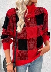 Red tops,Plaid tops,Geometric tops,Tummy Coverage Plaid Red High Neck Long Sleeve Sweater