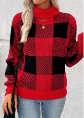 Red tops,Plaid tops,Geometric tops,Tummy Coverage Plaid Red High Neck Long Sleeve Sweater