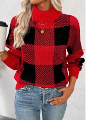 Red tops,Plaid tops,Geometric tops,Tummy Coverage Plaid Red High Neck Long Sleeve Sweater