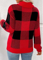 Red tops,Plaid tops,Geometric tops,Tummy Coverage Plaid Red High Neck Long Sleeve Sweater