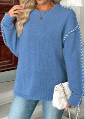 Dusty Blue tops,Plain Color tops,Tummy Coverage Dusty Blue Round Neck Long Sleeve Sweater