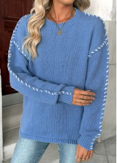 Dusty Blue tops,Plain Color tops,Tummy Coverage Dusty Blue Round Neck Long Sleeve Sweater