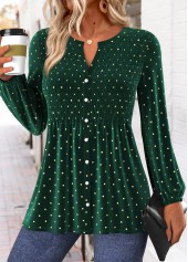 ROTITA Peplum Polka Dot Green Split Neck Long Sleeve Blouse