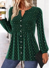 Green tops,Dot tops,ROTITA Peplum Polka Dot Green Split Neck Long Sleeve Blouse