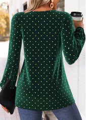 Green tops,Dot tops,ROTITA Peplum Polka Dot Green Split Neck Long Sleeve Blouse
