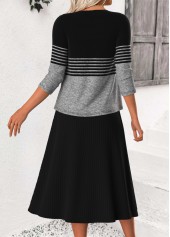 Black dresses,Striped dresses,Geometric dresses,Casual dresses,ROTITA Tummy Coverage Striped Black V Neck Dress and Cardigan