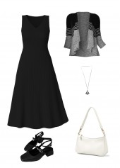 Black dresses,Striped dresses,Geometric dresses,Casual dresses,ROTITA Tummy Coverage Striped Black V Neck Dress and Cardigan