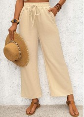 Light Coffee bottoms,Plain Color bottoms,Pocket Light Coffee Wide Leg Elastic Waist Pants