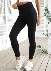 Black bottoms,Plain Color bottoms,Black High Waisted Elastic Waist Ankle Length Leggings