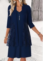 Navy dresses,Plain Color dresses,Everyday dresses,Casual dresses,ROTITA Tummy Coverage Navy Round Neck Dress and Cardigan