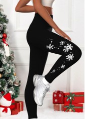 Black bottoms,Christmas bottoms,ROTITA Snowflake Print Black High Waisted Elastic Waist Leggings