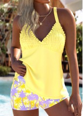 ROTITA Tummy Coverage Yellow Plants Print Mid Waisted Tankini Set