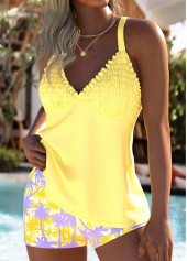 Yellow swimwear,Plants swimwear,ROTITA Tummy Coverage Yellow Plants Print Mid Waisted Tankini Set