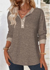 Sweat-shirt à manches longues et col fendu gris-brun couvrant le ventre Rotita