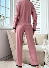 Pink loungewear,Contrast Color loungewear,Pink Round Neck Long Sleeve Lounge Top and Pants